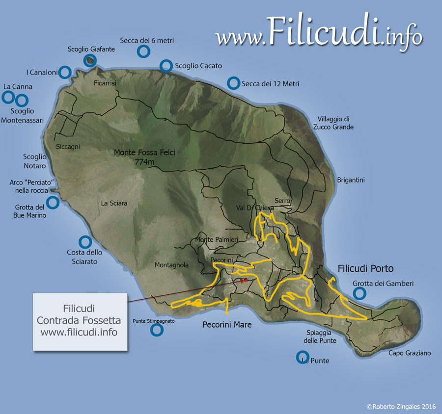 Mappa dell'isola di Filicudi con sentieri e punti di immmersione